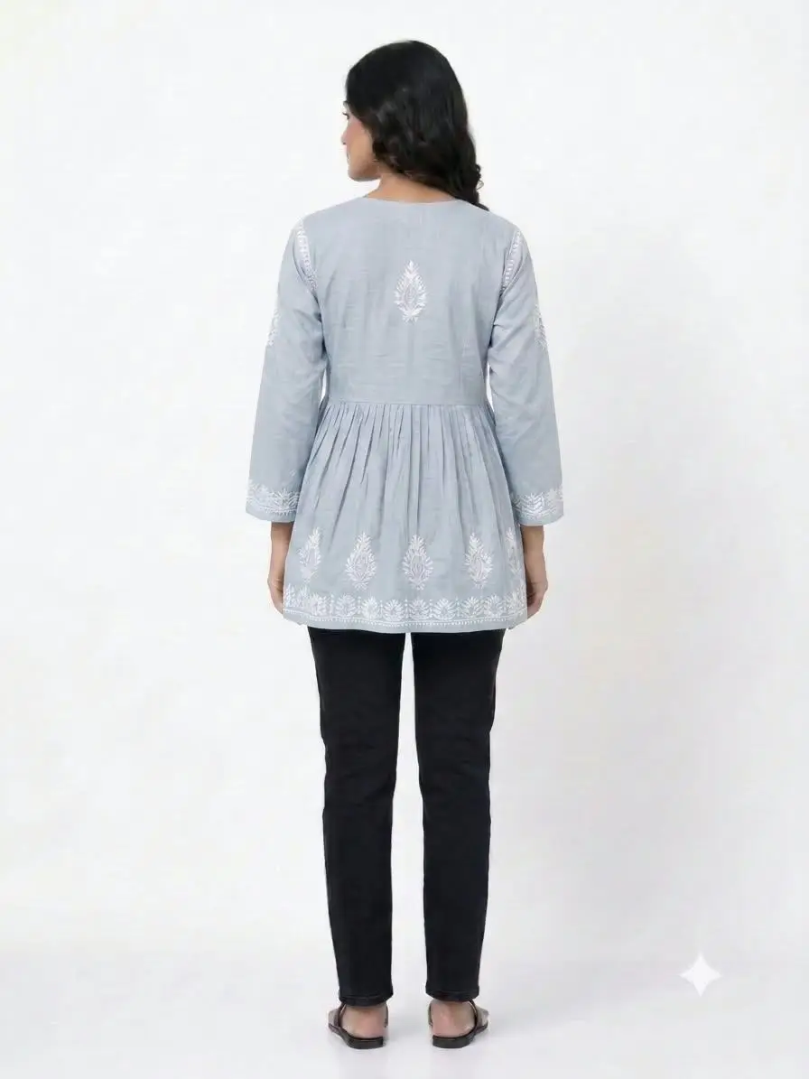LCF CHIKAN EMBROIDERY FROCK STYLE SHORT TOP - GREY view 3