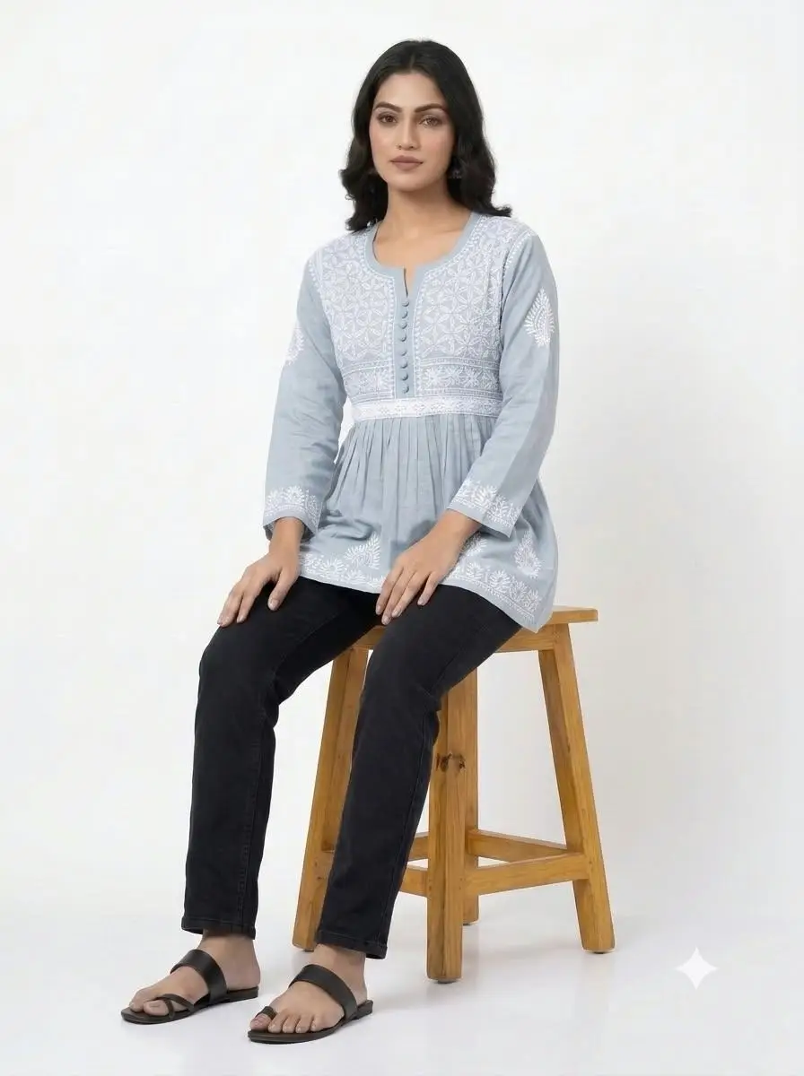 LCF CHIKAN EMBROIDERY FROCK STYLE SHORT TOP - GREY view 4
