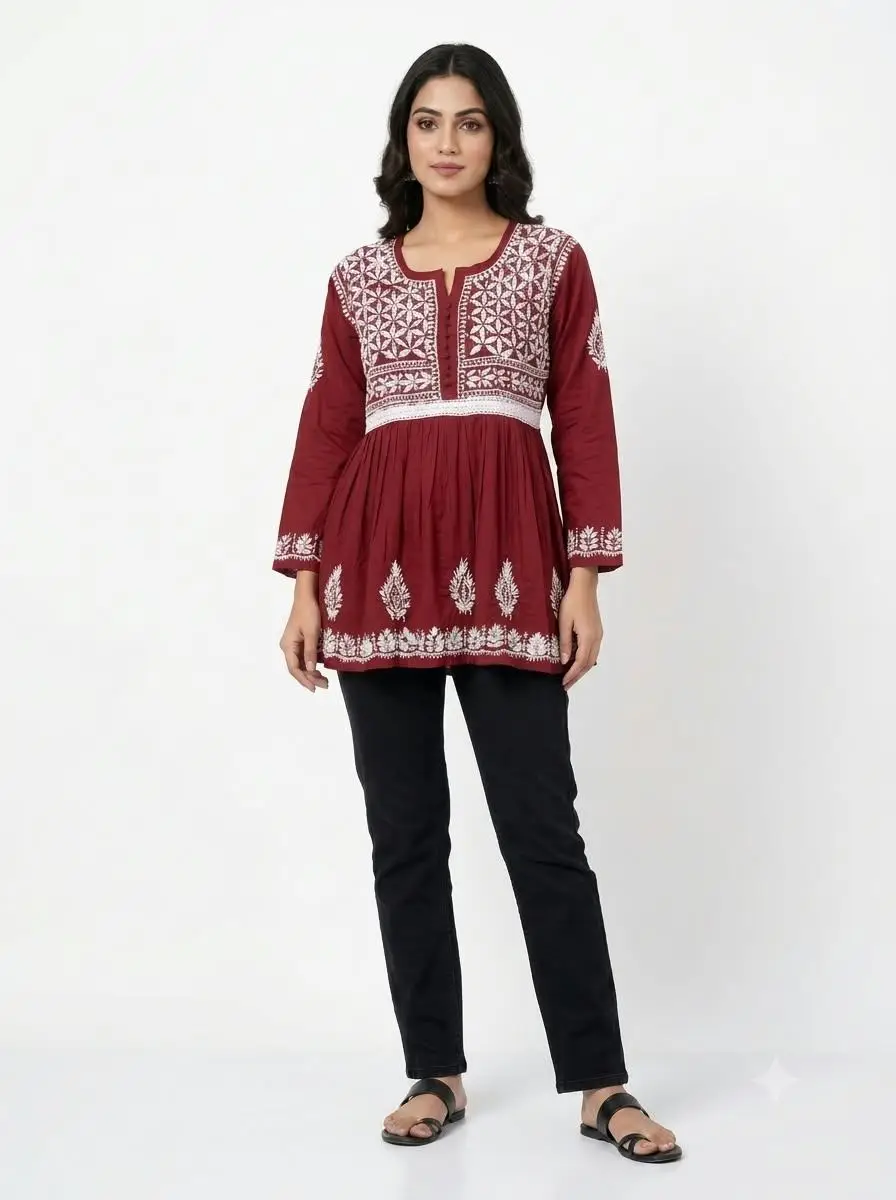LCF CHIKAN EMBROIDERY FROCK STYLE SHORT TOP - MAROON view 2