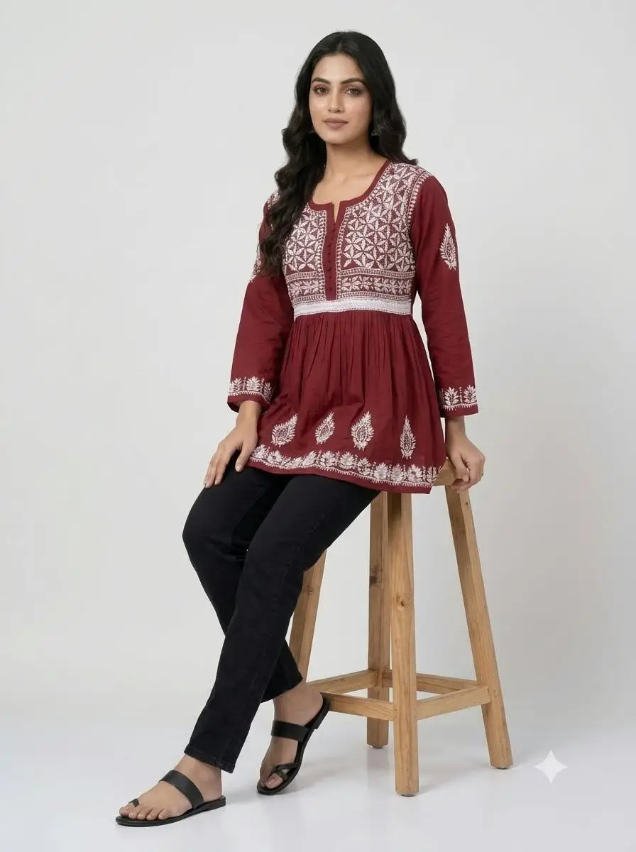 LCF CHIKAN EMBROIDERY FROCK STYLE SHORT TOP - MAROON view 3