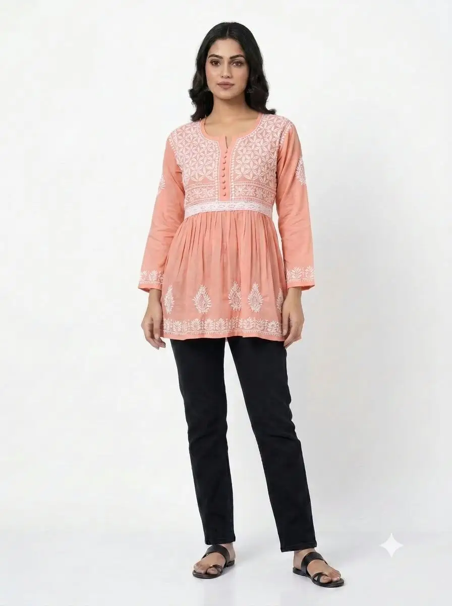 LCF CHIKAN EMBROIDERY FROCK STYLE SHORT TOP - PEACH