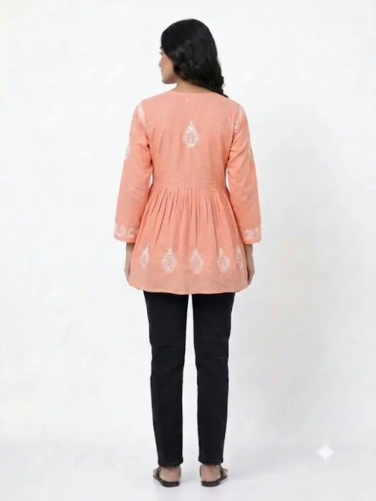 LCF CHIKAN EMBROIDERY FROCK STYLE SHORT TOP - PEACH view 2