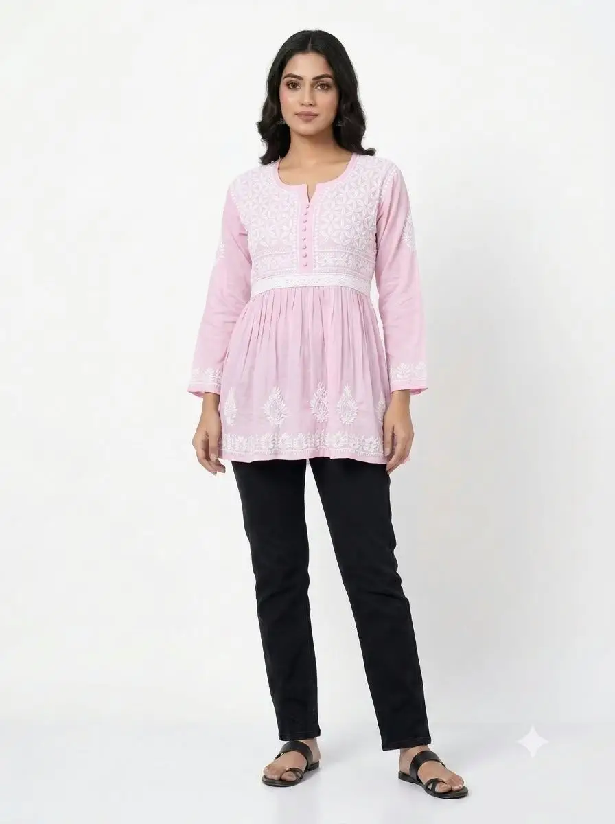 LCF CHIKAN EMBROIDERY FROCK STYLE SHORT TOP - PINK