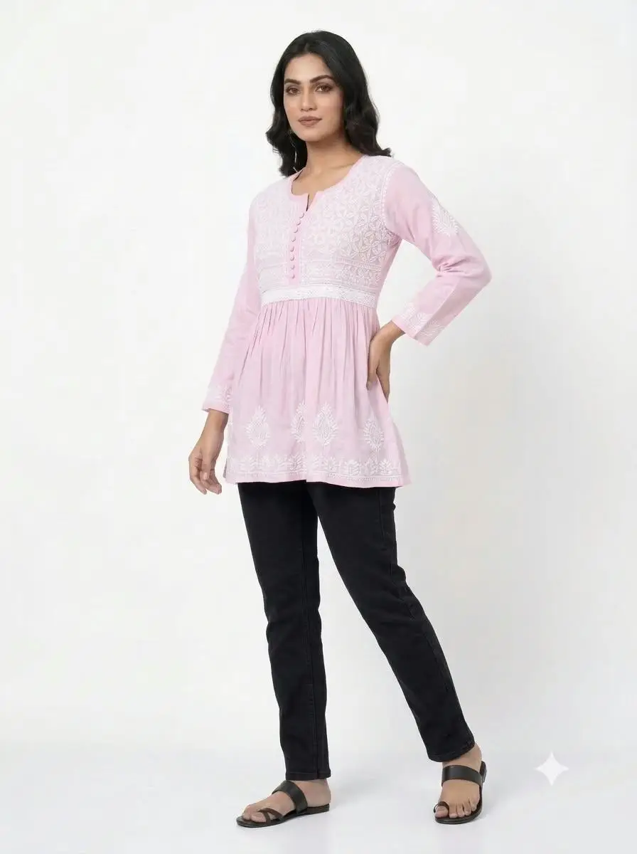 LCF CHIKAN EMBROIDERY FROCK STYLE SHORT TOP - PINK view 2