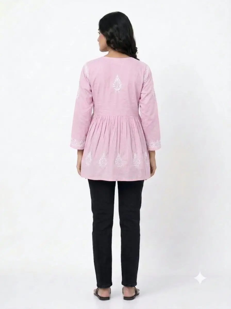 LCF CHIKAN EMBROIDERY FROCK STYLE SHORT TOP - PINK view 3