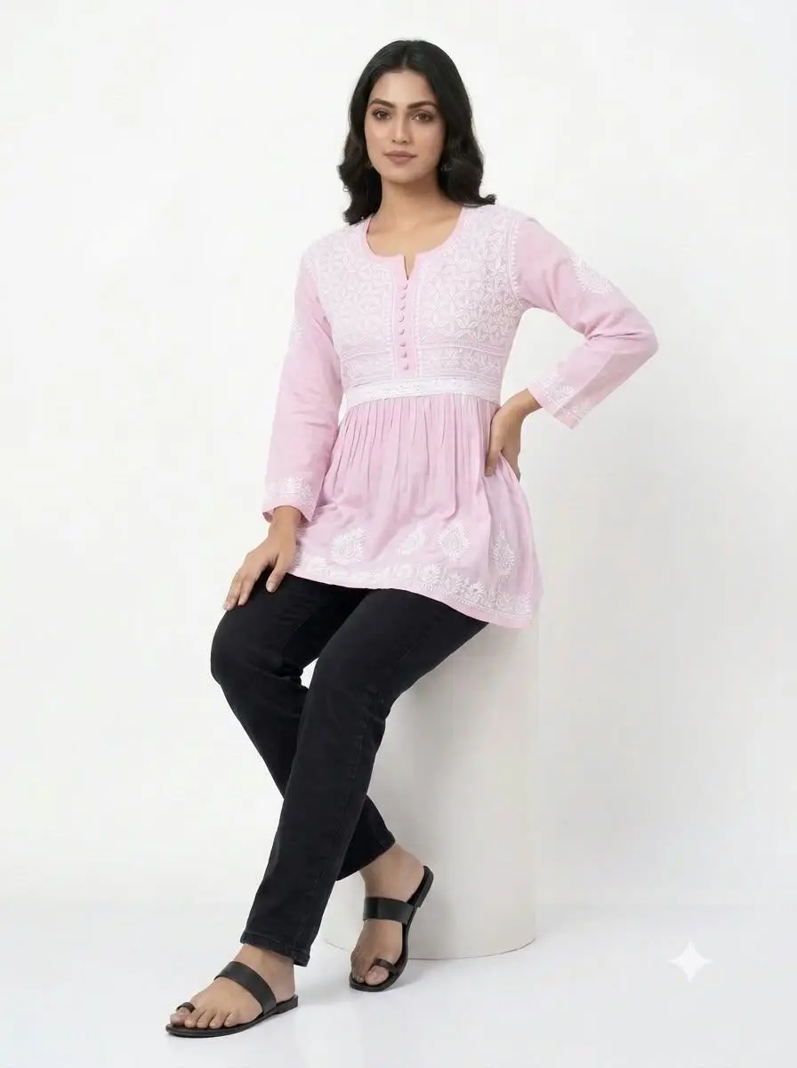LCF CHIKAN EMBROIDERY FROCK STYLE SHORT TOP - PINK view 4