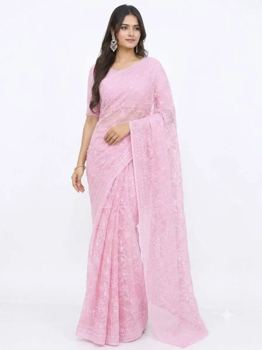 LCF CHIKAN EMBROIDERY CHIFFON FULL JAAL SAREE - BABY PINK