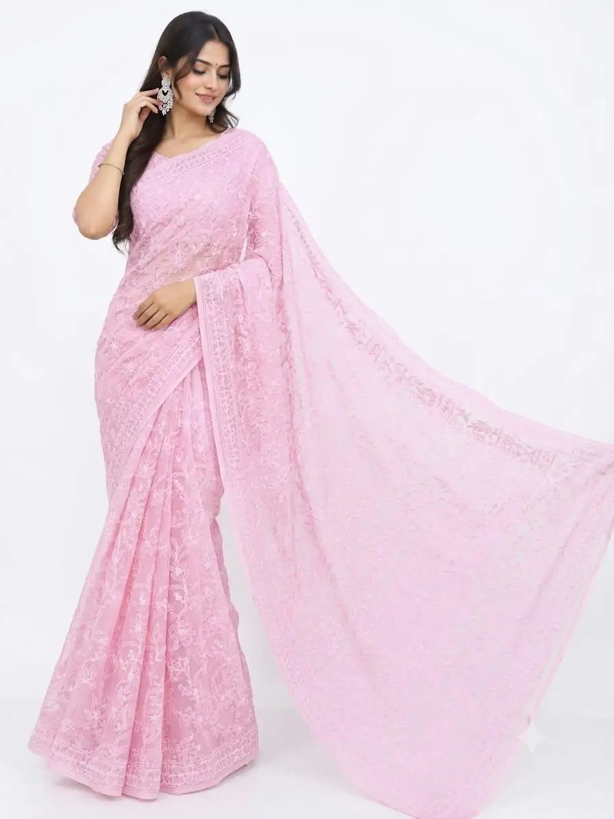LCF CHIKAN EMBROIDERY CHIFFON FULL JAAL SAREE - BABY PINK view 2
