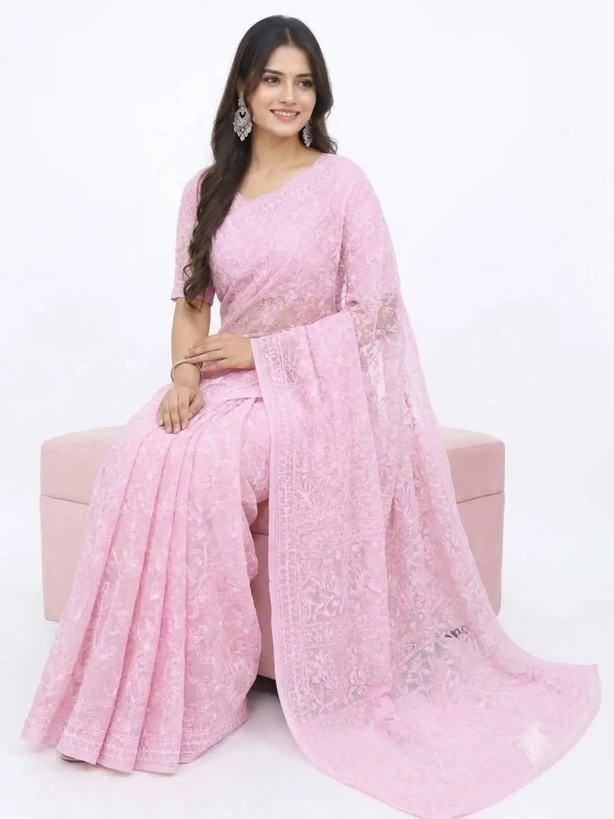 LCF CHIKAN EMBROIDERY CHIFFON FULL JAAL SAREE - BABY PINK view 3