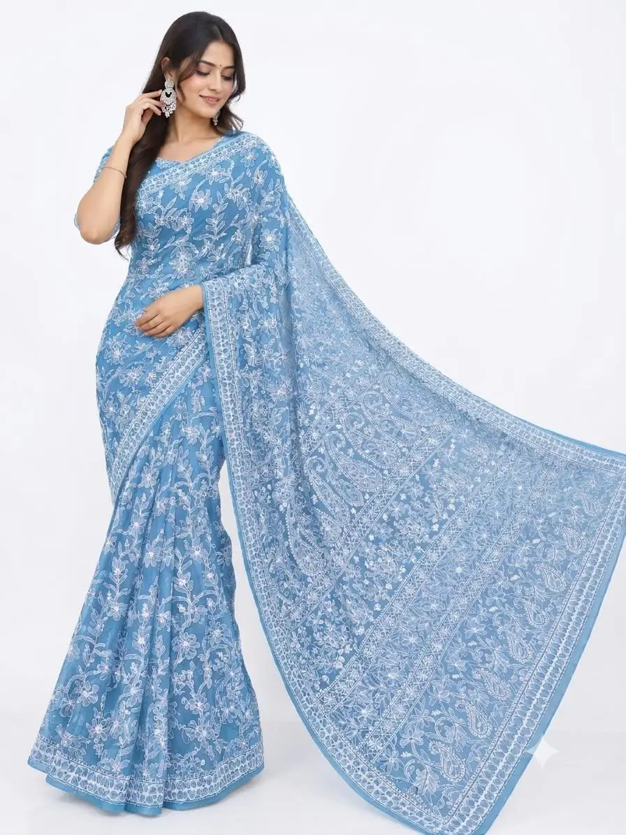 LCF CHIKAN EMBROIDERY CHIFFON FULL JAAL SAREE - BLUE