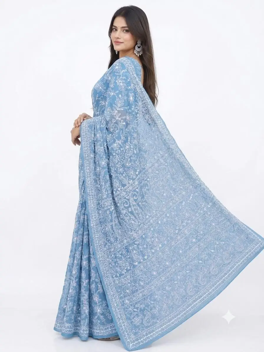 LCF CHIKAN EMBROIDERY CHIFFON FULL JAAL SAREE - BLUE view 2