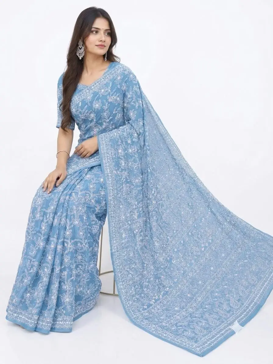 LCF CHIKAN EMBROIDERY CHIFFON FULL JAAL SAREE - BLUE view 3