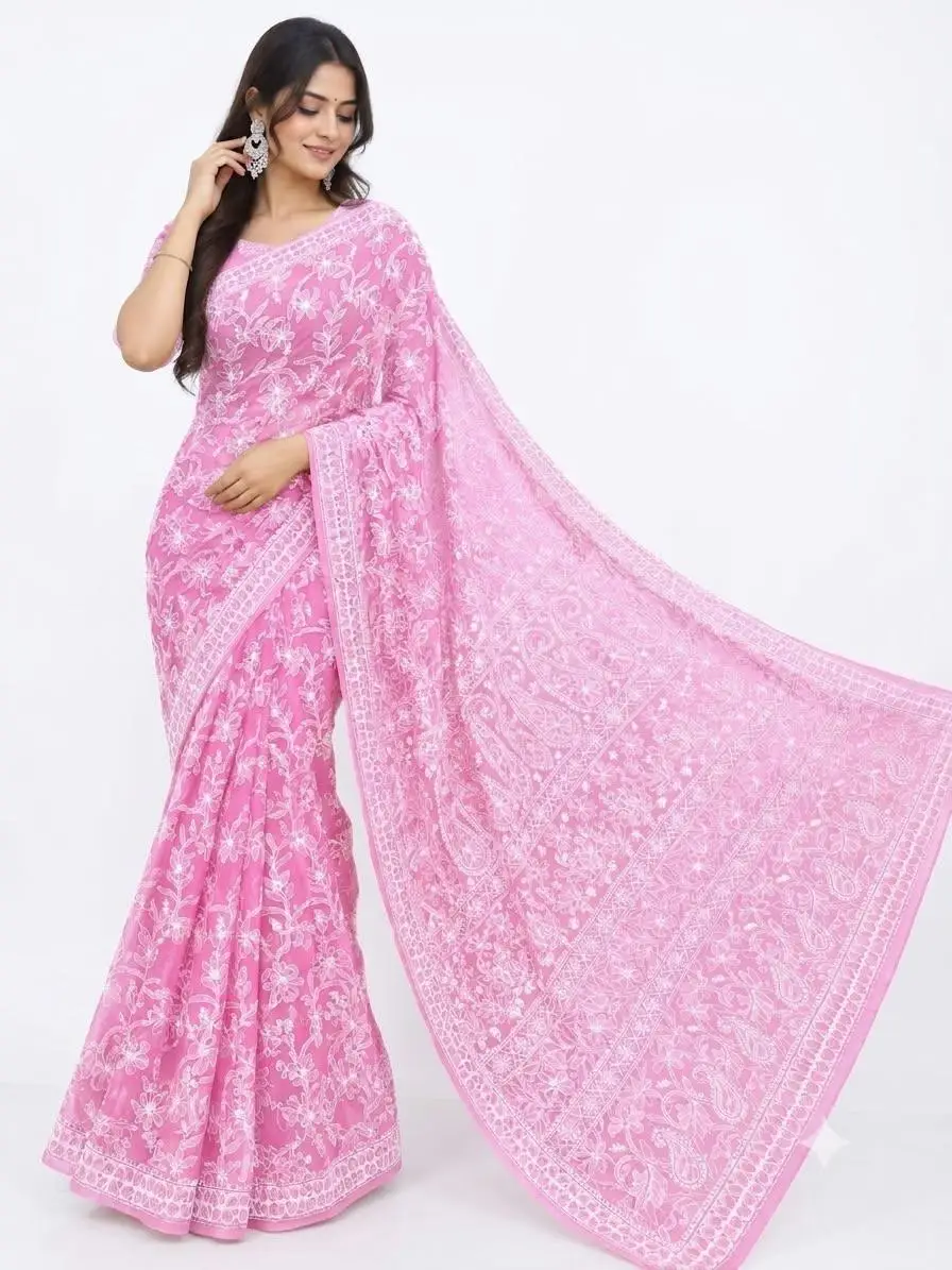 LCF CHIKAN EMBROIDERY CHIFFON FULL JAAL SAREE - DARK PINK
