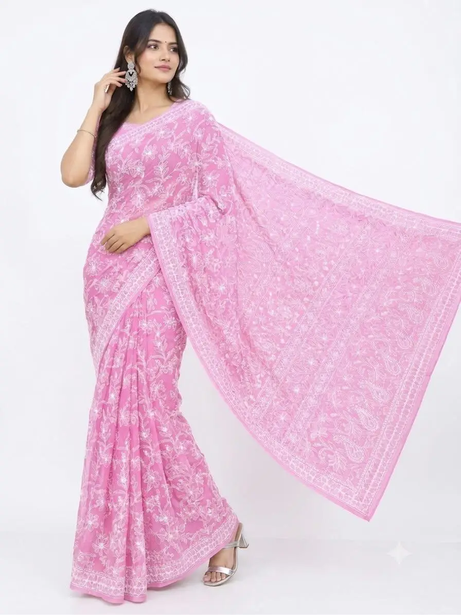 LCF CHIKAN EMBROIDERY CHIFFON FULL JAAL SAREE - DARK PINK view 2