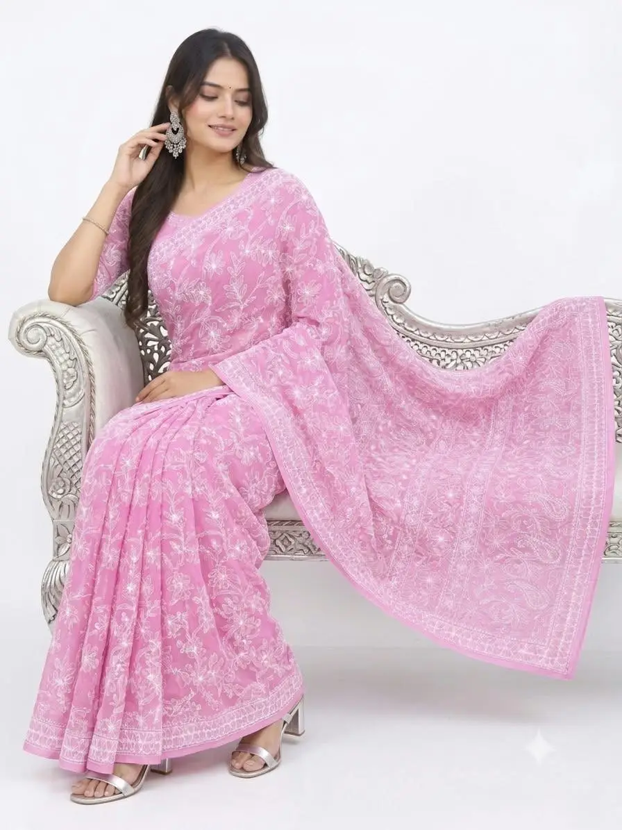 LCF CHIKAN EMBROIDERY CHIFFON FULL JAAL SAREE - DARK PINK view 3