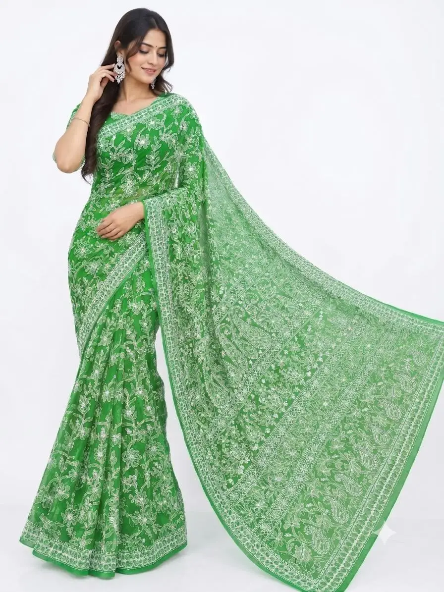 LCF CHIKAN EMBROIDERY CHIFFON FULL JAAL SAREE - GREEN