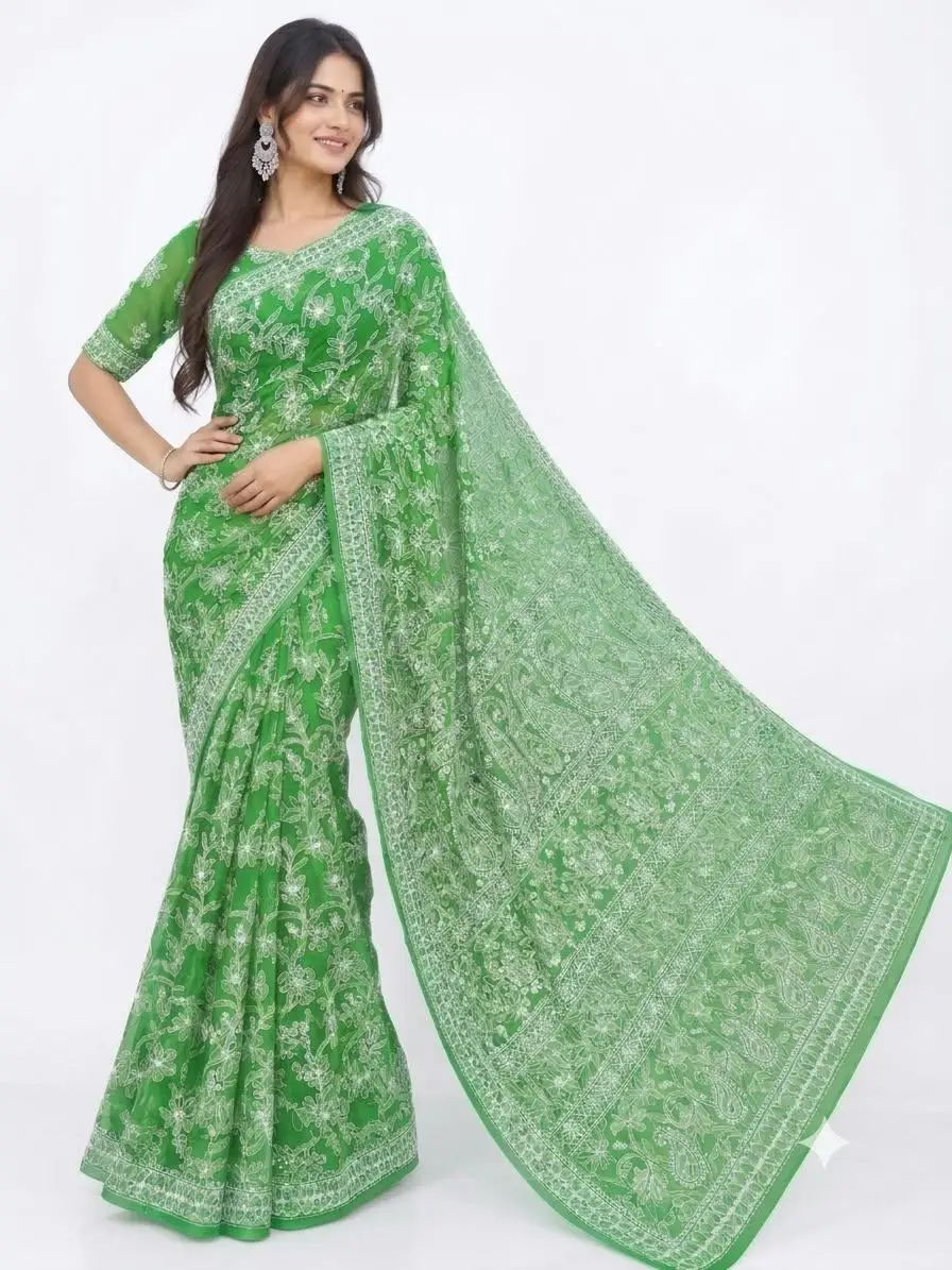 LCF CHIKAN EMBROIDERY CHIFFON FULL JAAL SAREE - GREEN view 2