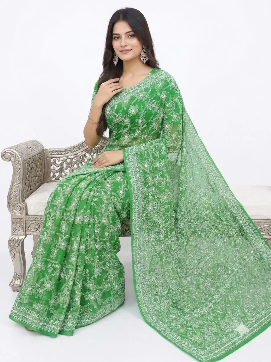 LCF CHIKAN EMBROIDERY CHIFFON FULL JAAL SAREE - GREEN view 3
