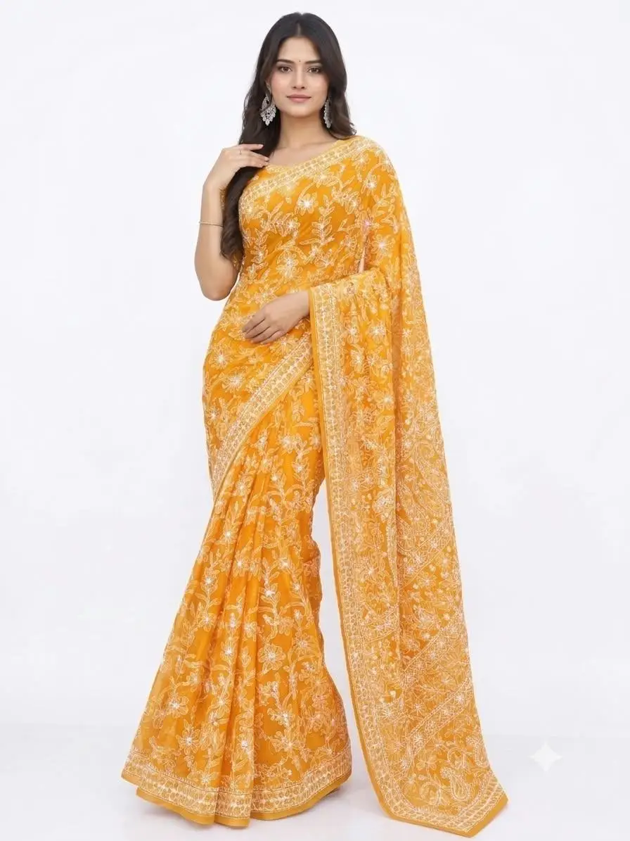 LCF CHIKAN EMBROIDERY CHIFFON FULL JAAL SAREE - LIGHT ORANGE