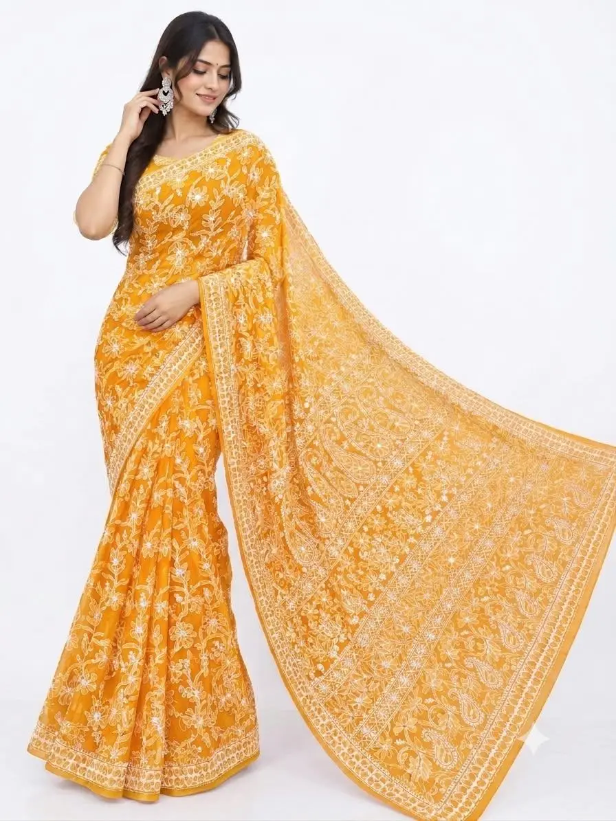 LCF CHIKAN EMBROIDERY CHIFFON FULL JAAL SAREE - LIGHT ORANGE view 2