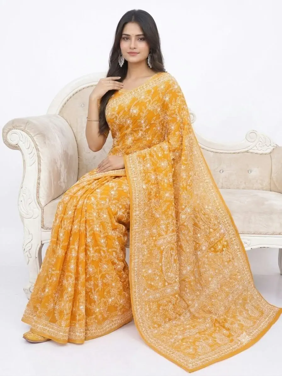 LCF CHIKAN EMBROIDERY CHIFFON FULL JAAL SAREE - LIGHT ORANGE view 3