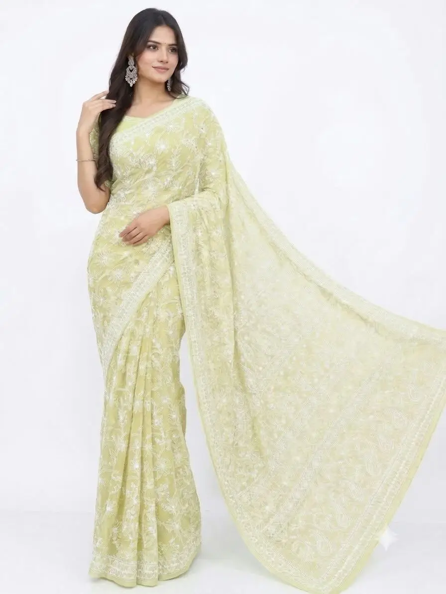 LCF CHIKAN EMBROIDERY CHIFFON FULL JAAL SAREE - OLIVE GREEN view 2