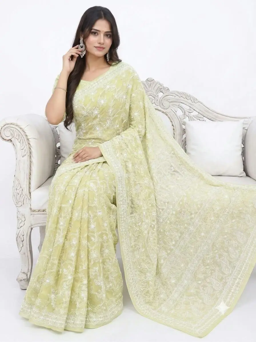 LCF CHIKAN EMBROIDERY CHIFFON FULL JAAL SAREE - OLIVE GREEN view 3
