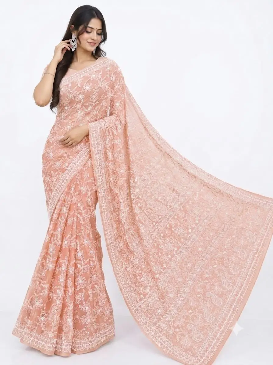 LCF CHIKAN EMBROIDERY CHIFFON FULL JAAL SAREE - PEACH view 2