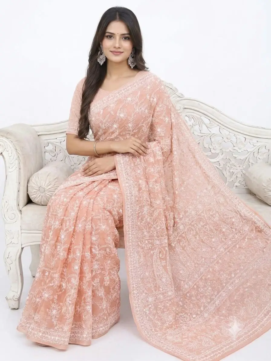 LCF CHIKAN EMBROIDERY CHIFFON FULL JAAL SAREE - PEACH view 3