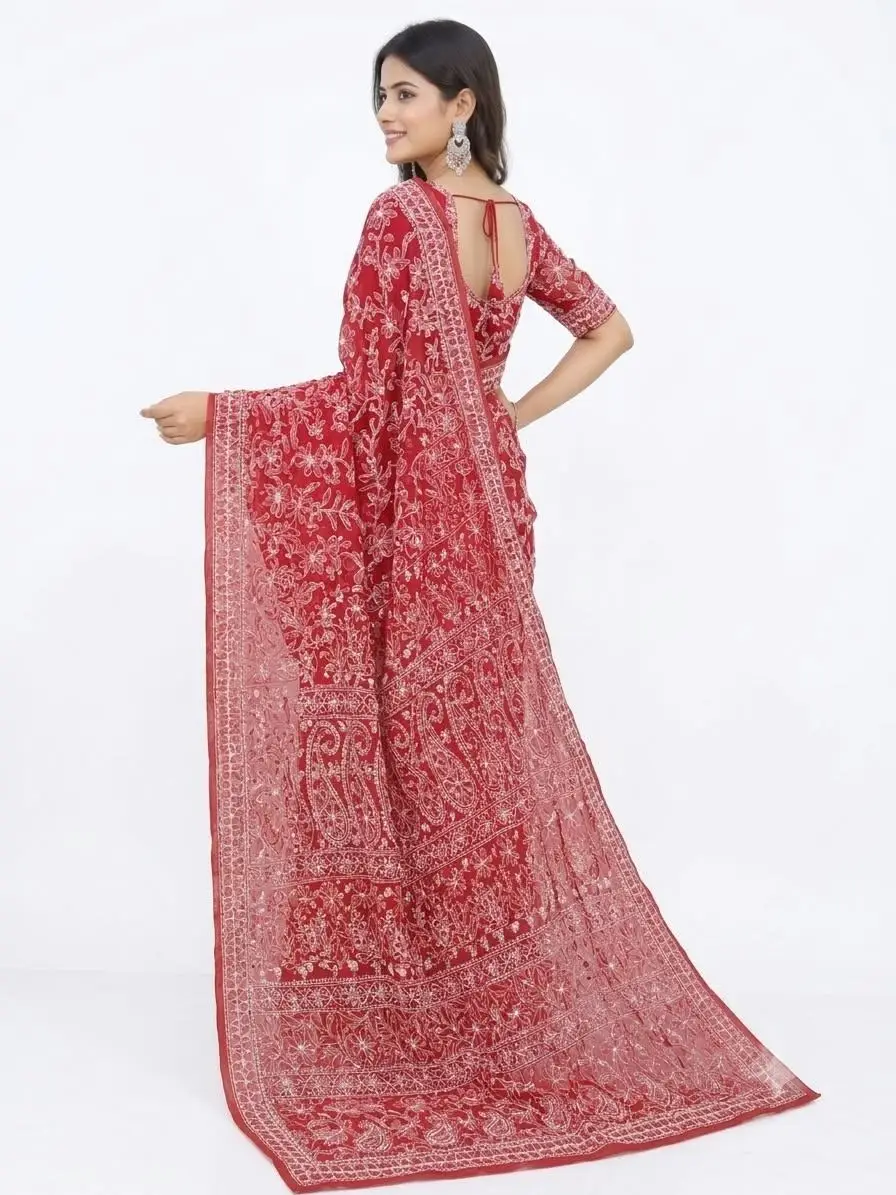 LCF CHIKAN EMBROIDERY CHIFFON FULL JAAL SAREE - RED view 2