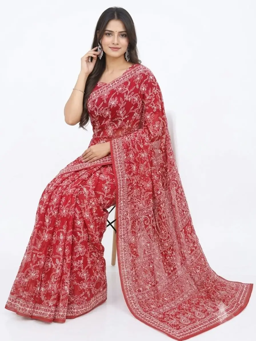 LCF CHIKAN EMBROIDERY CHIFFON FULL JAAL SAREE - RED view 3