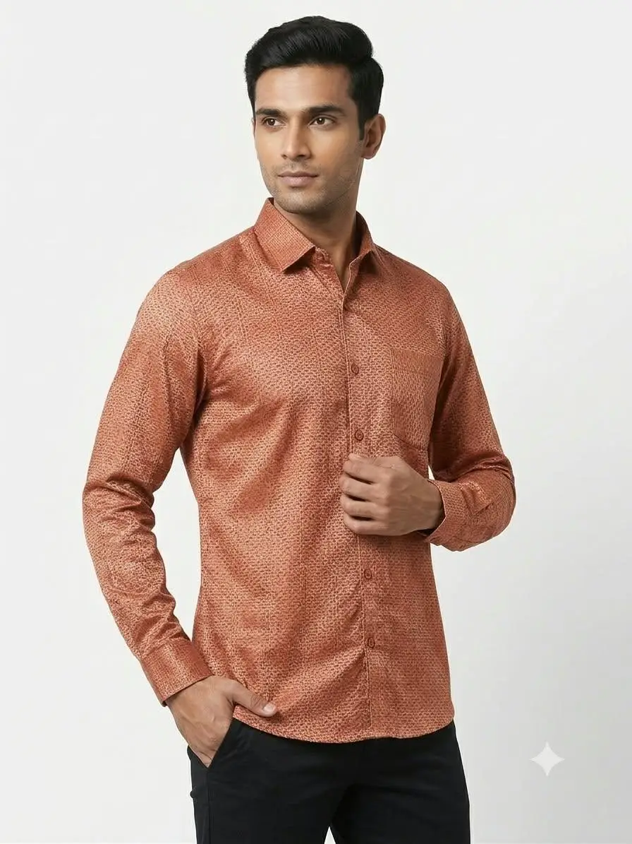 LCF CHIKAN JACQUARD SILK MEN SHIRT - COPPER ORANGE view 3