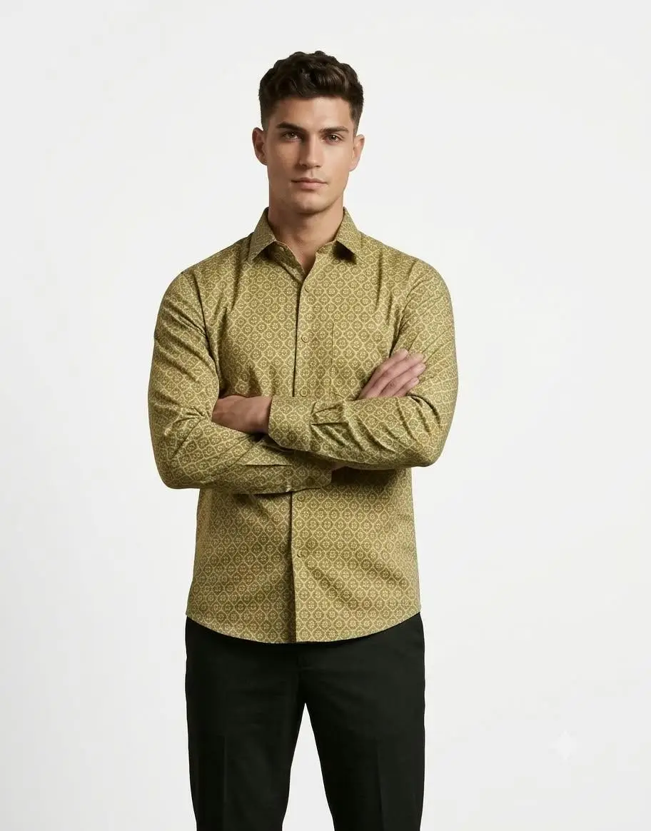 LCF CHIKAN JACQUARD SILK MEN SHIRT - DULL OLIVE view 3