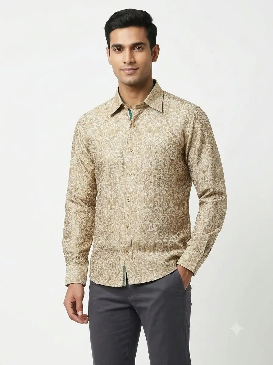 LCF CHIKAN JACQUARD SILK MEN SHIRT - LIGHT BROWN