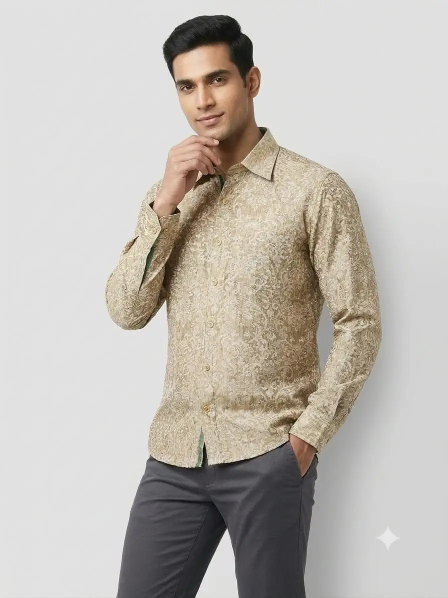 LCF CHIKAN JACQUARD SILK MEN SHIRT - LIGHT BROWN view 3
