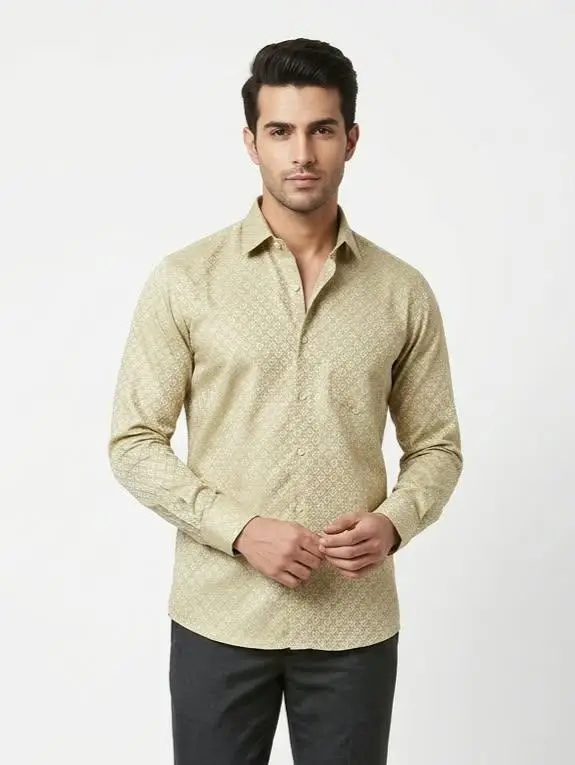 LCF CHIKAN JACQUARD SILK MEN SHIRT - LIGHT GOLDEN
