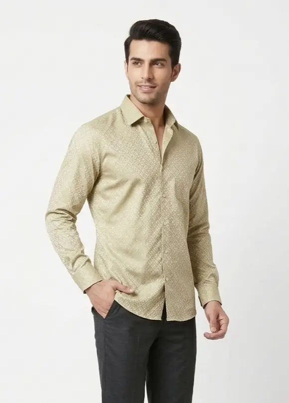 LCF CHIKAN JACQUARD SILK MEN SHIRT - LIGHT GOLDEN view 3