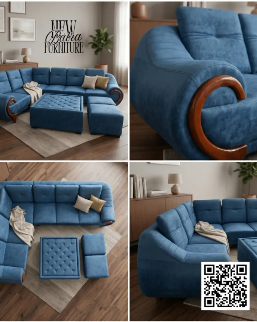 Blue L-Shaped Sofa Set view 2