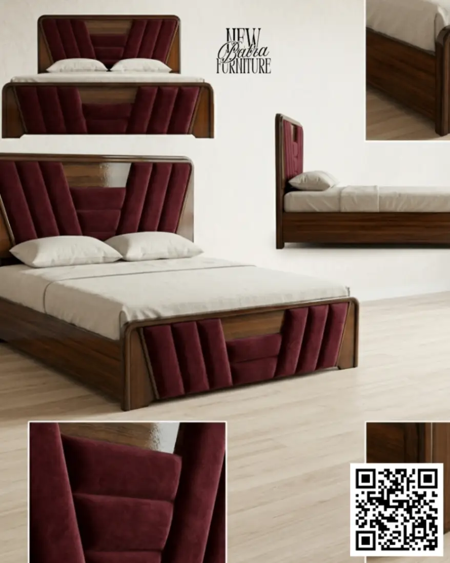 Elegant Wooden Bed with Velvet Upholstery view 2