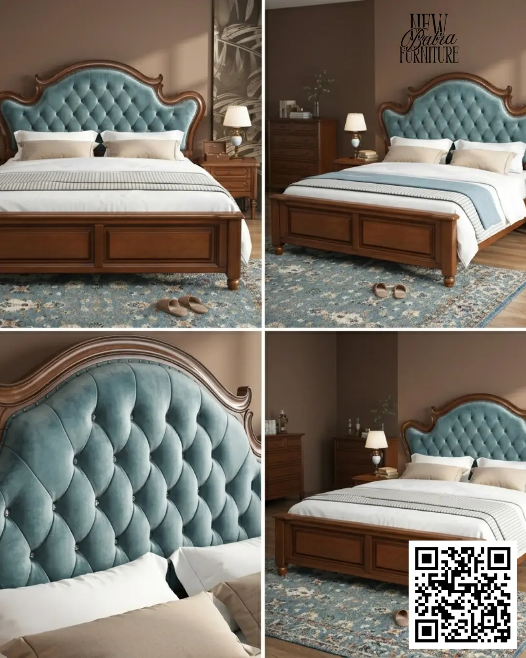 Elegant Blue Velvet Bed view 2