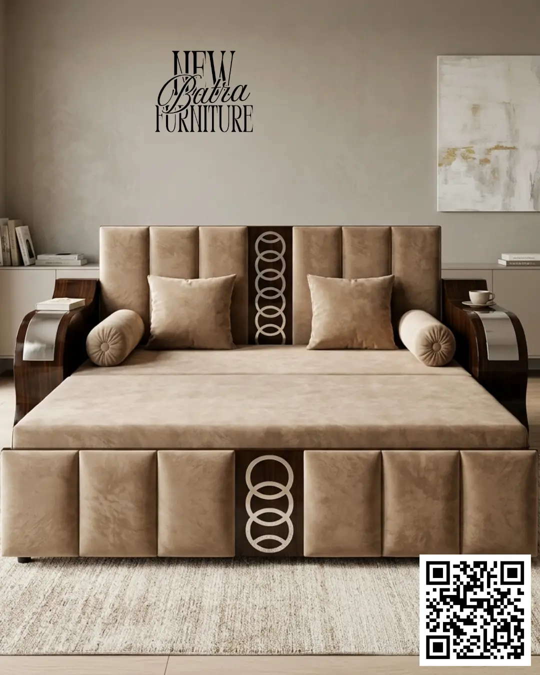 features walnut-finish wooden armrests Sofa Com Bed