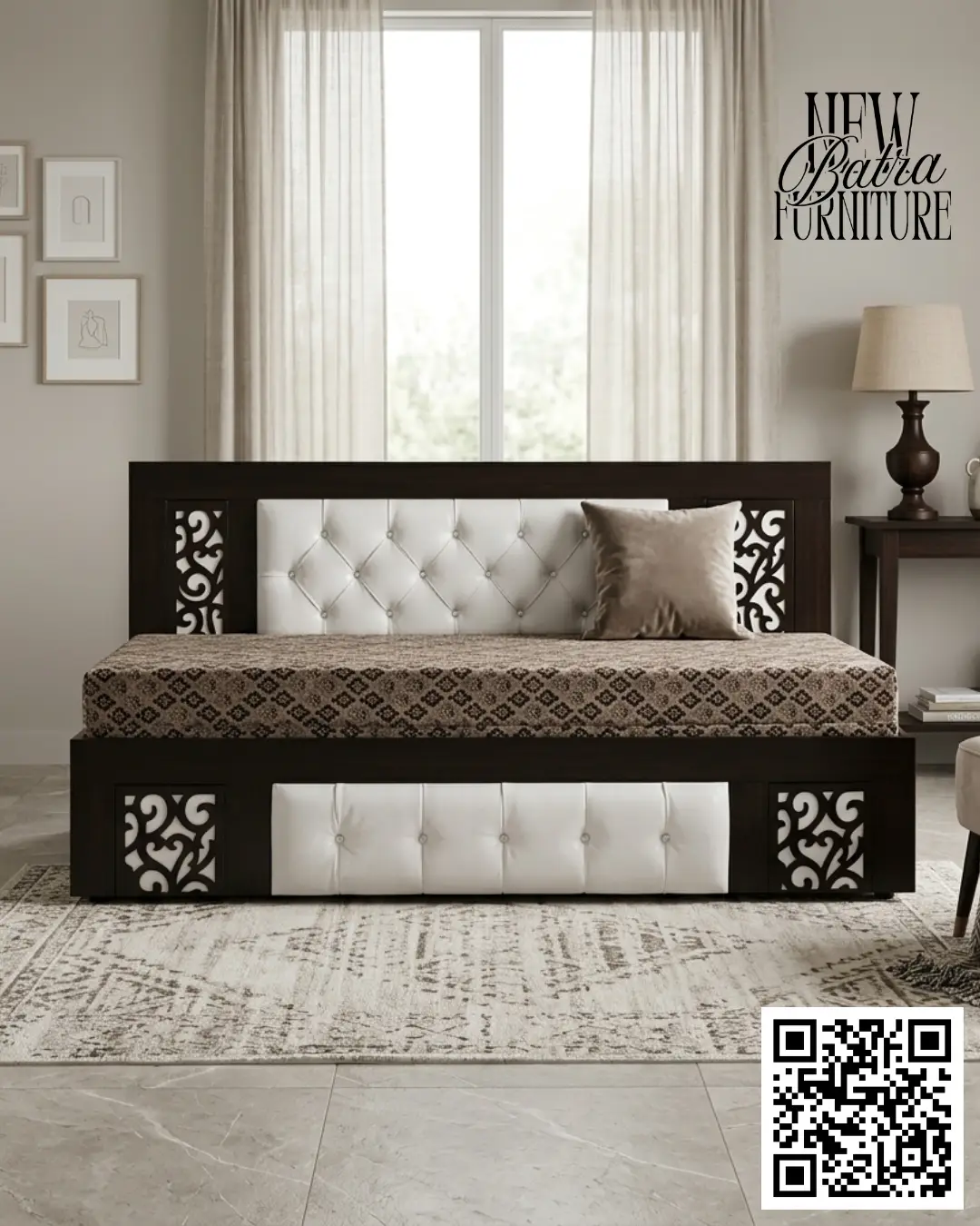 sofa cum bed features intricate laser-cut designs