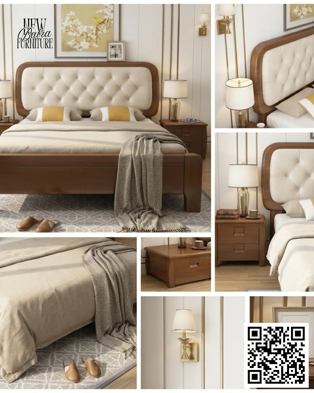 Wooden Queen Bed with Upholstered Headboard view 2