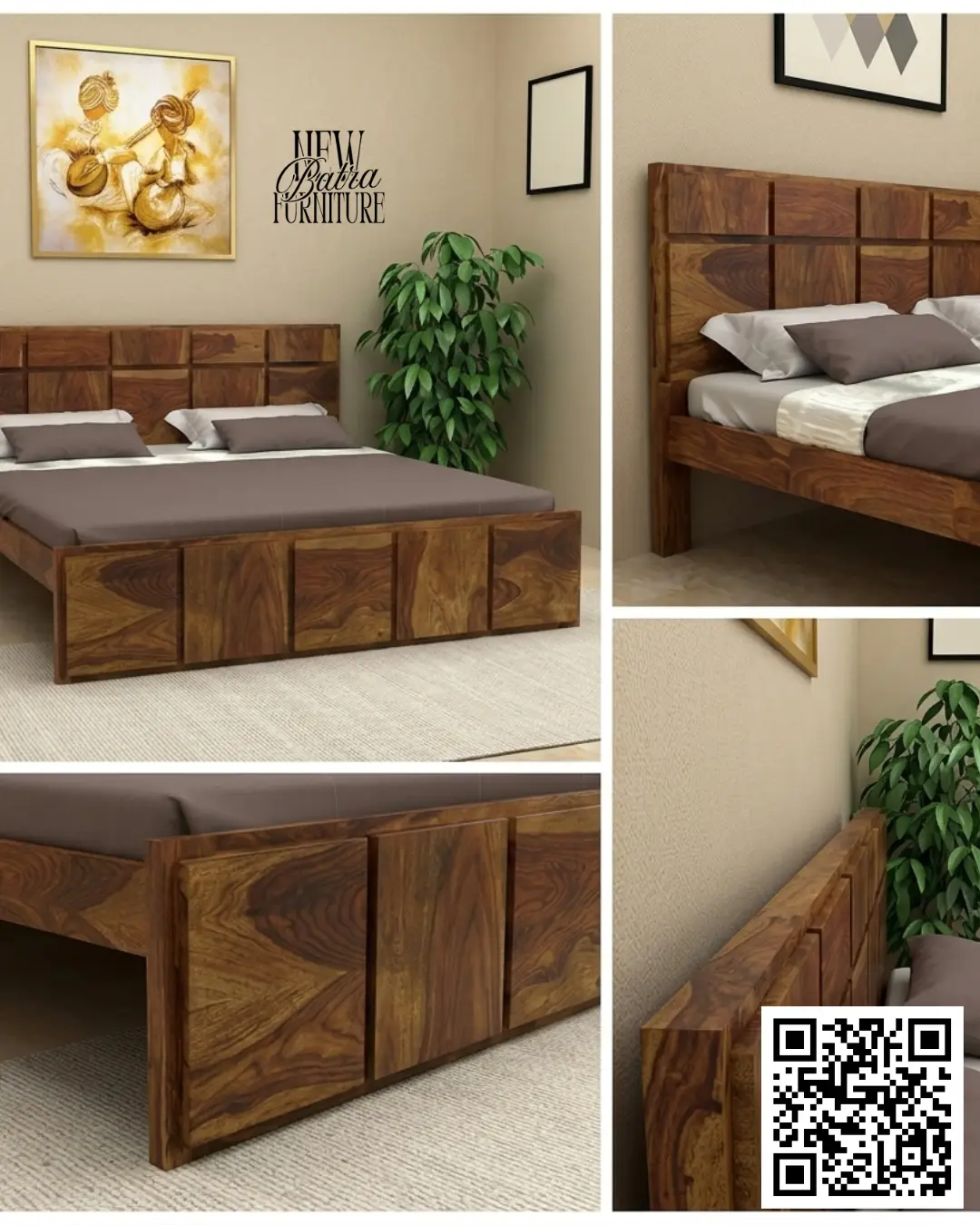 Distinct block-paneled headboard and natural wood finish. view 2