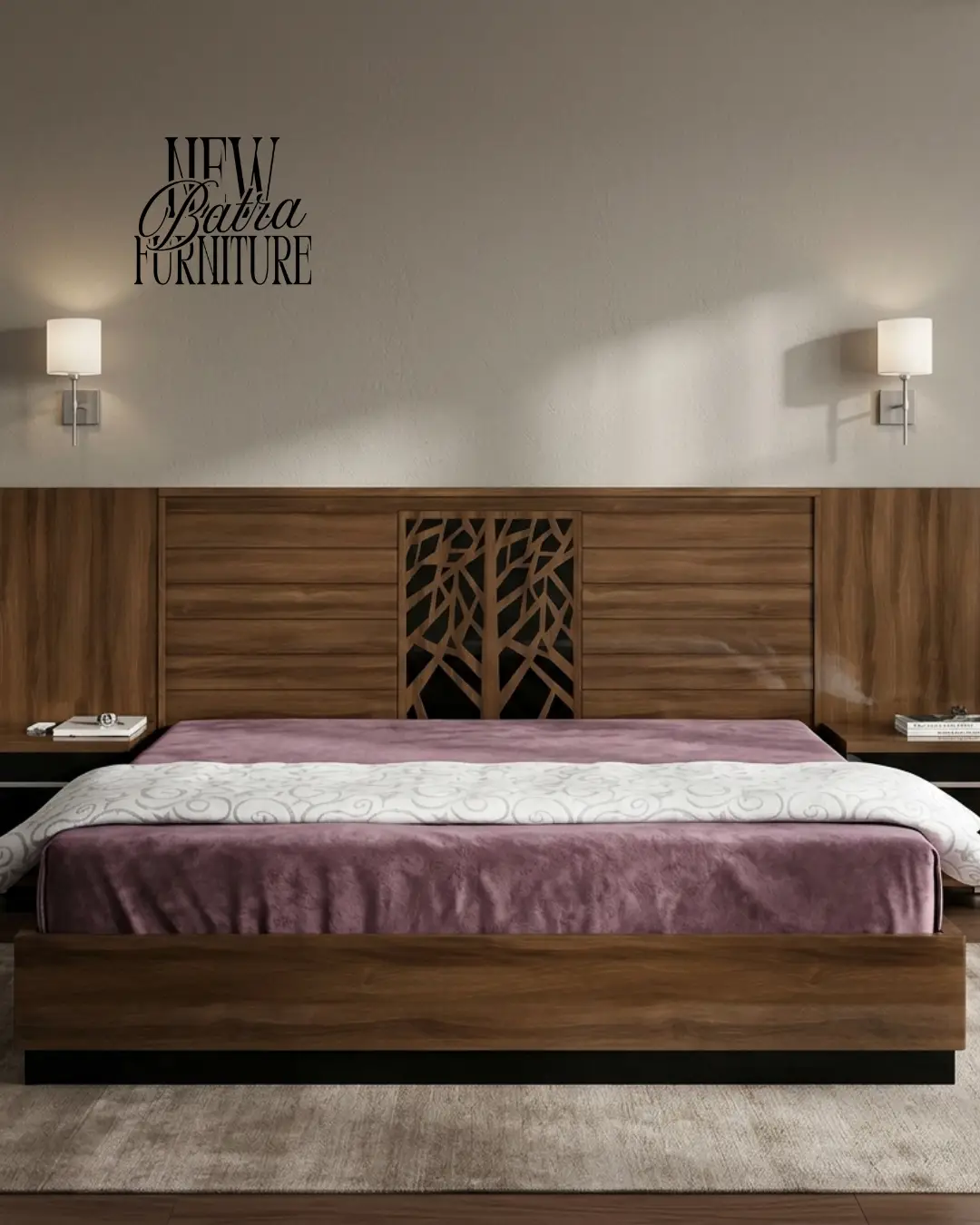 Walnut Bronze finish and a distinct tree-like laser-cut design on the headboard