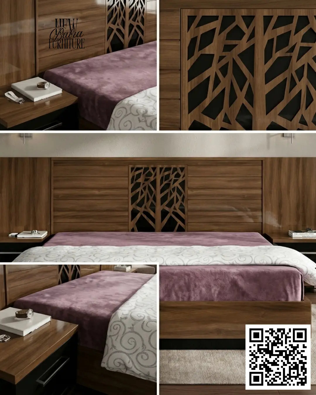Walnut Bronze finish and a distinct tree-like laser-cut design on the headboard view 2