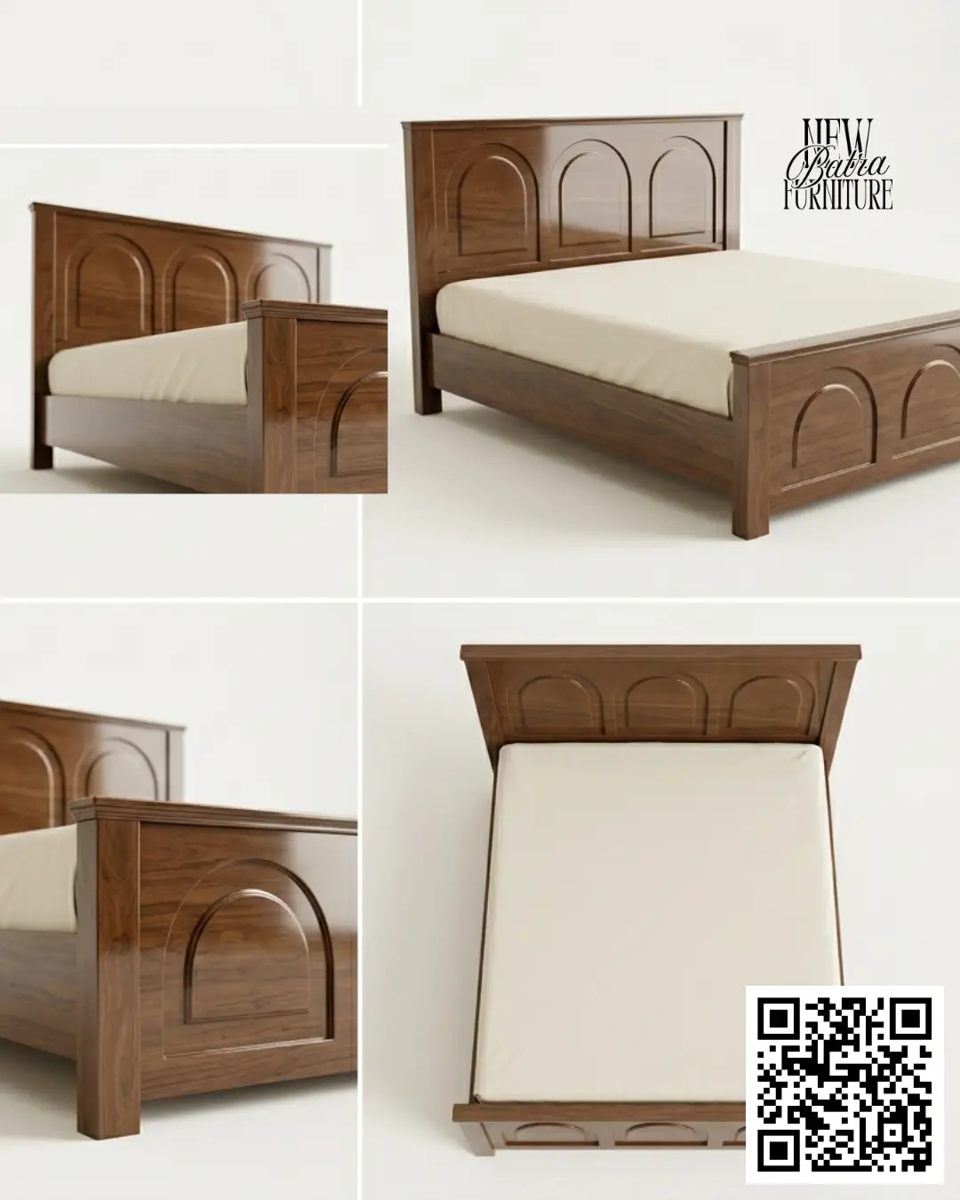 Rich brown finish and a distinctive arched panel headboard view 2