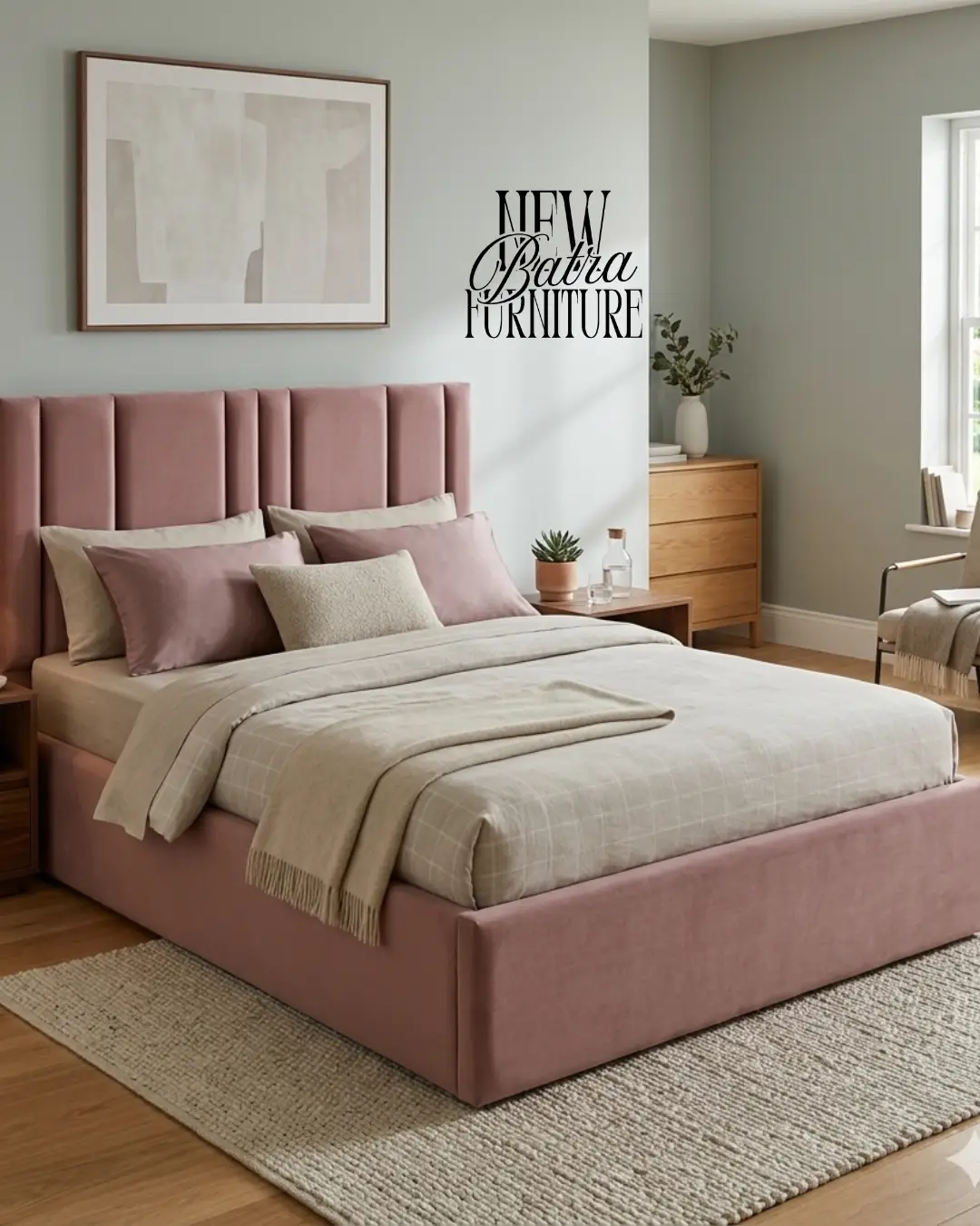 Pink upholstered platform bed