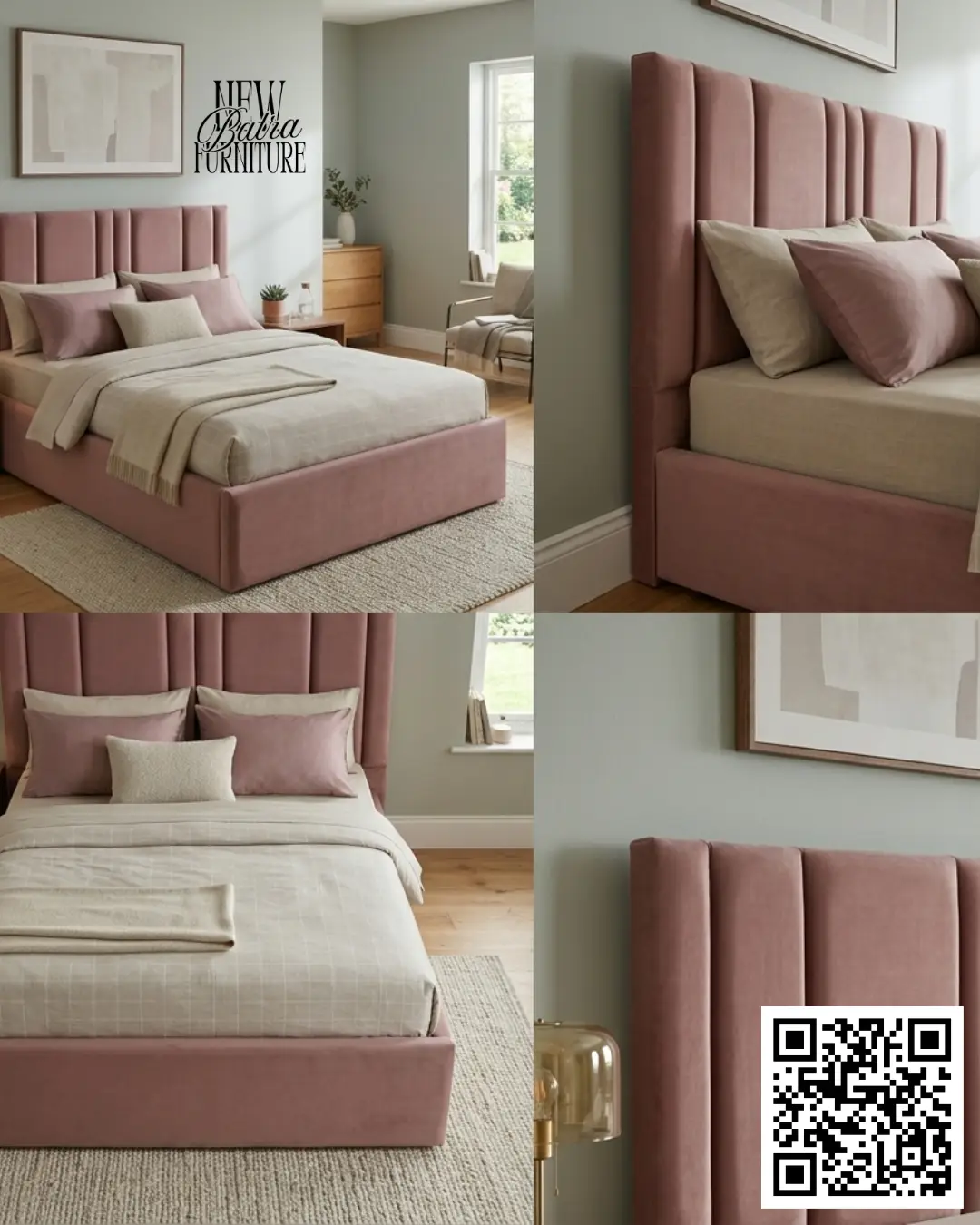 Pink upholstered platform bed view 2