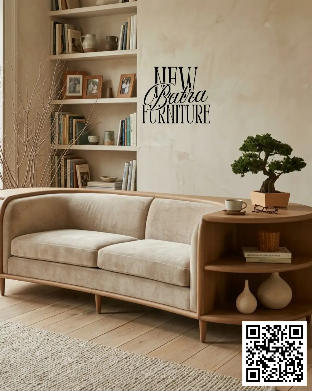 sofa features a unique integrated wooden side